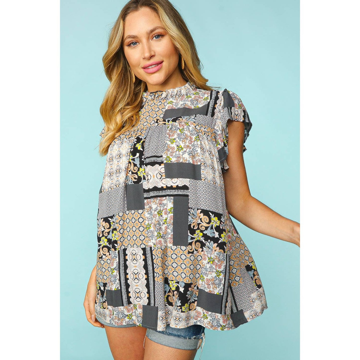 Patchwork Ruffle Sleeve Babydoll