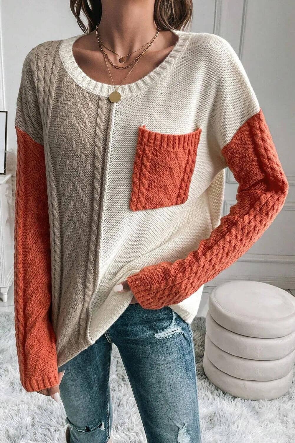 Casual Patchwork Sweater w/ Pocket