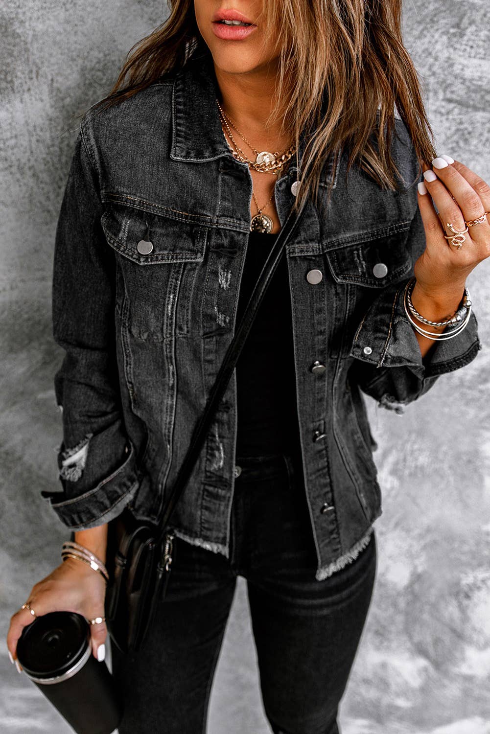 Distressed Raw Hem Denim Jacket