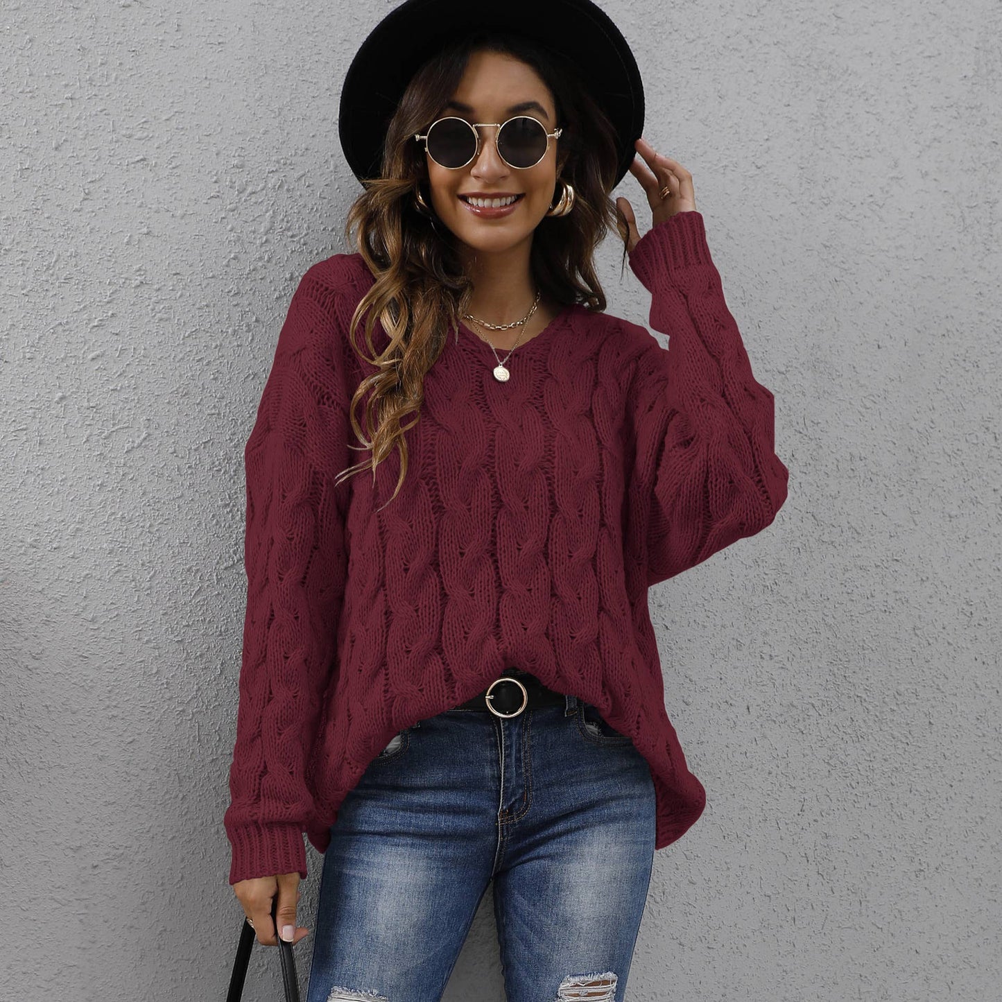 Twist Knit V-neck Hooded Sweater