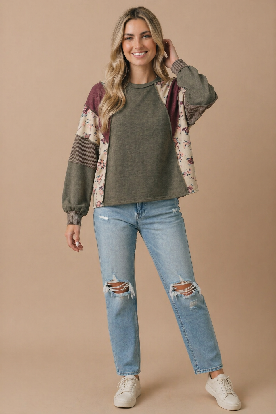 Plus Mixed Media Patchwork Pullover Knit Top