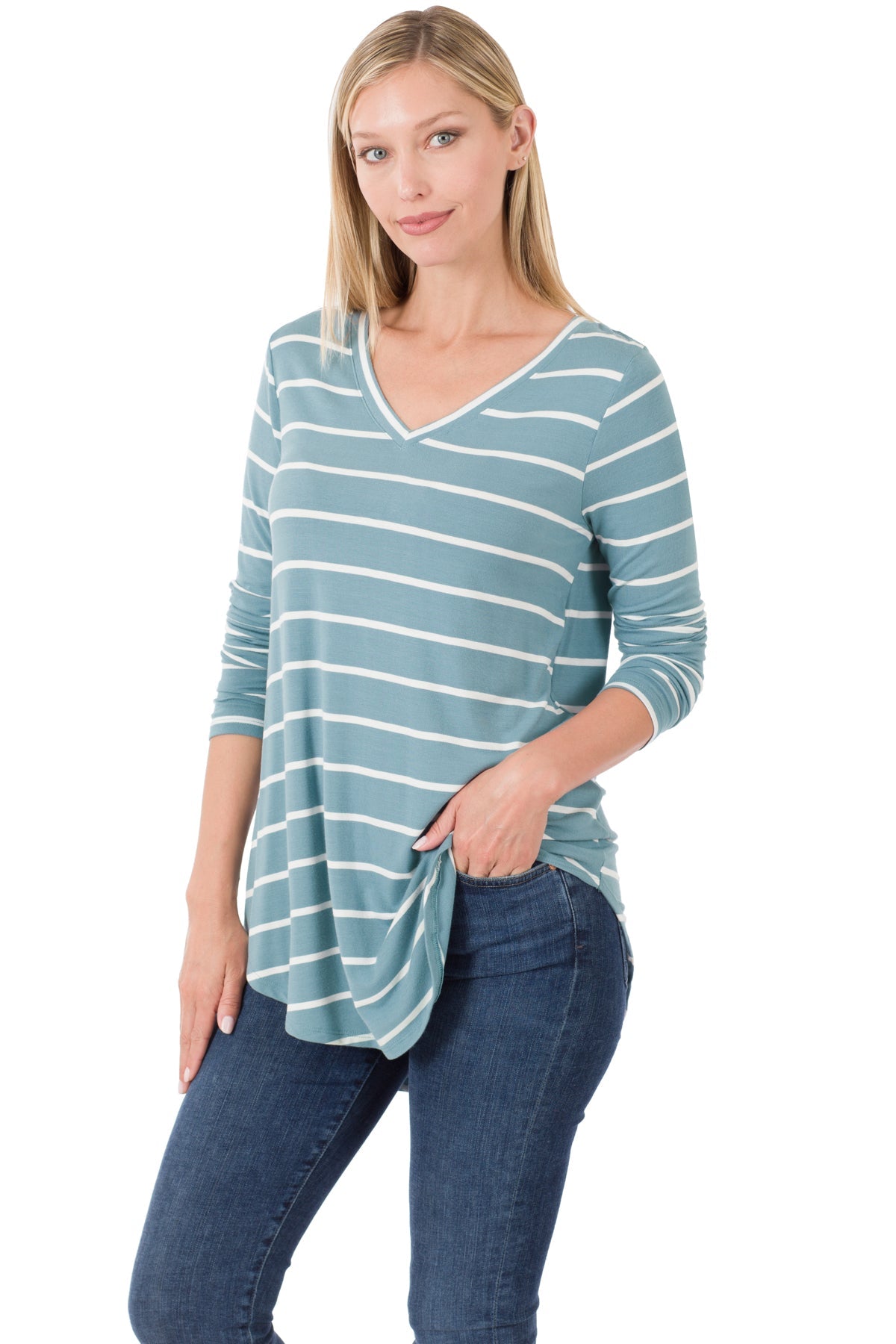 Striped V-Neck Long Sleeve w/ Dolphin Hem