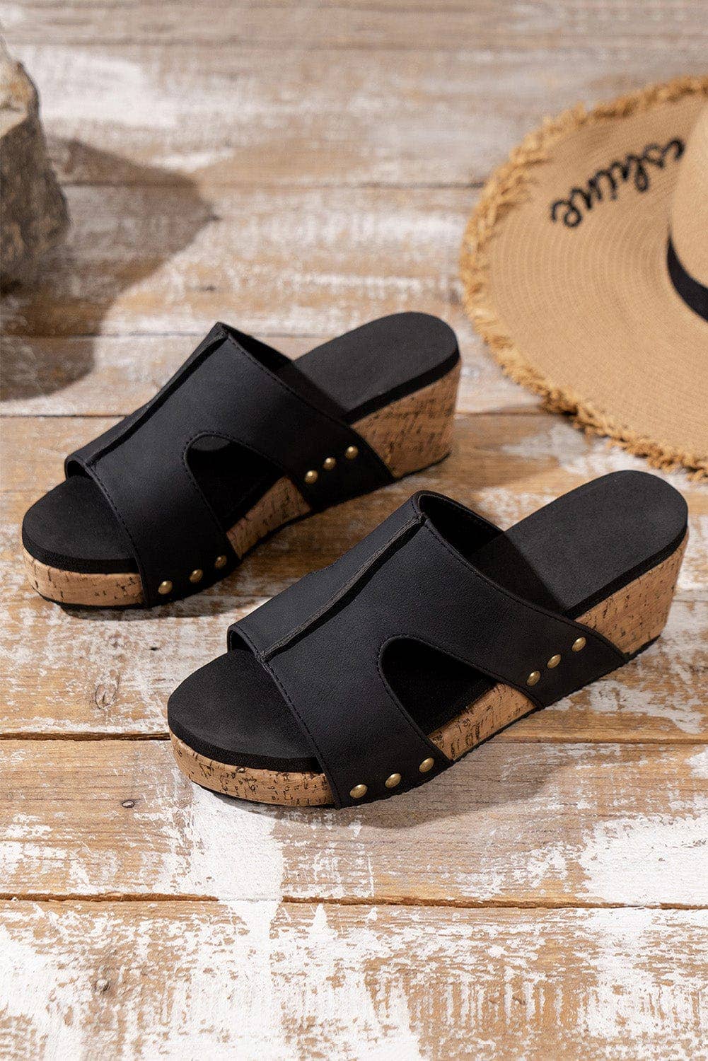 Rivet Slip-on Wedge Sandals/ Black