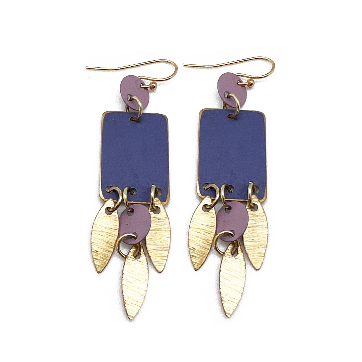 Brass Patina Square Purple Tassle Earrings