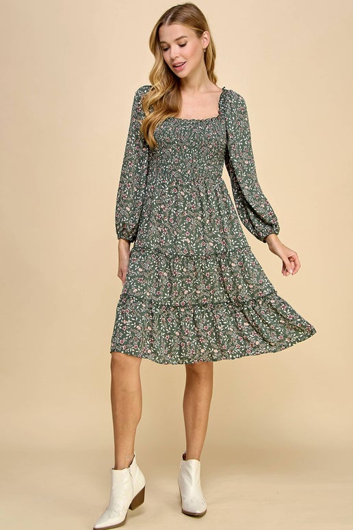 Long Sleeve Floral Tiered Dress w/ Smocking