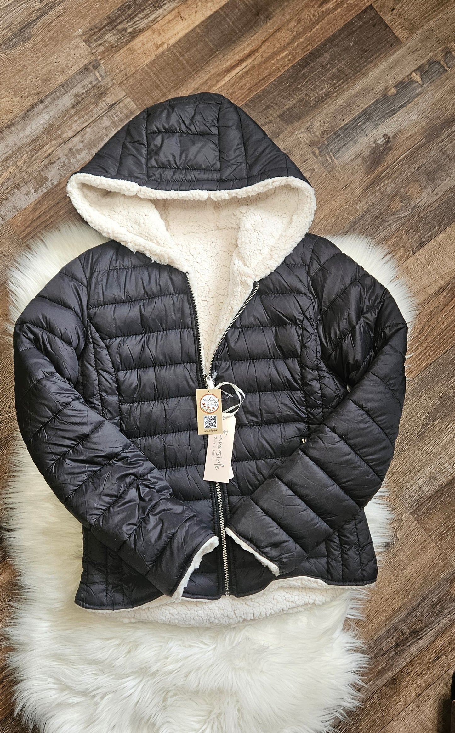 Reversible Hooded Puffer Coat Full Zip Sherpa Lined Pockets