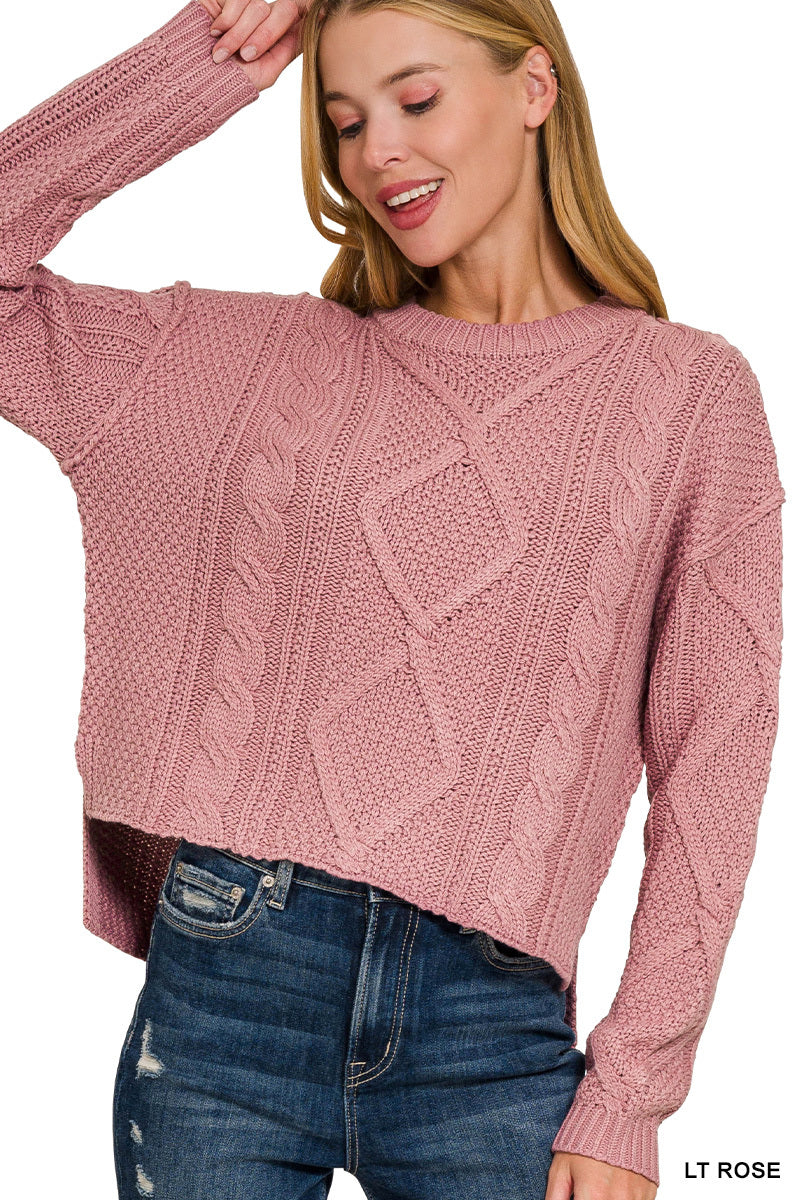 Cropped Hi Low Cable Knit Sweater