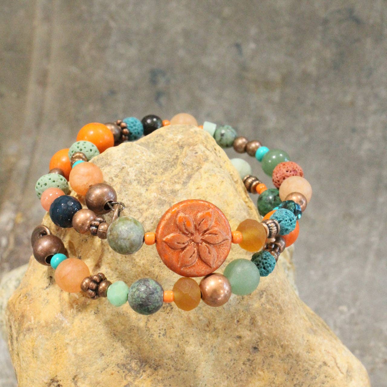 Turquoise Flower Coin Bead Wrap Bracelet