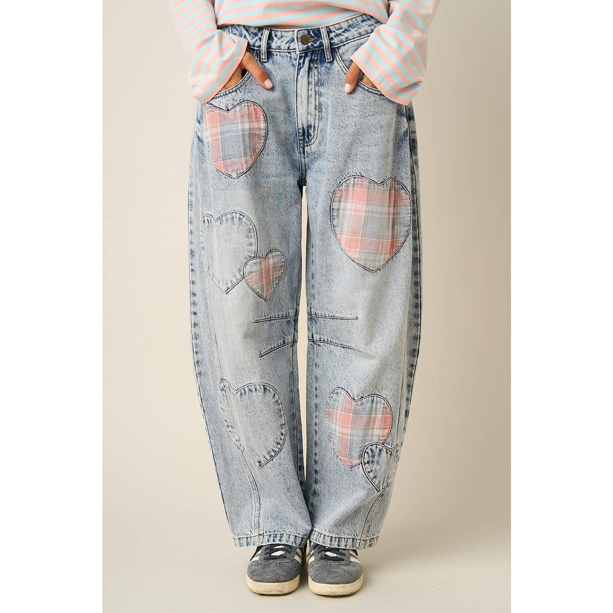Plaid Heart Patch Barrell Jeans