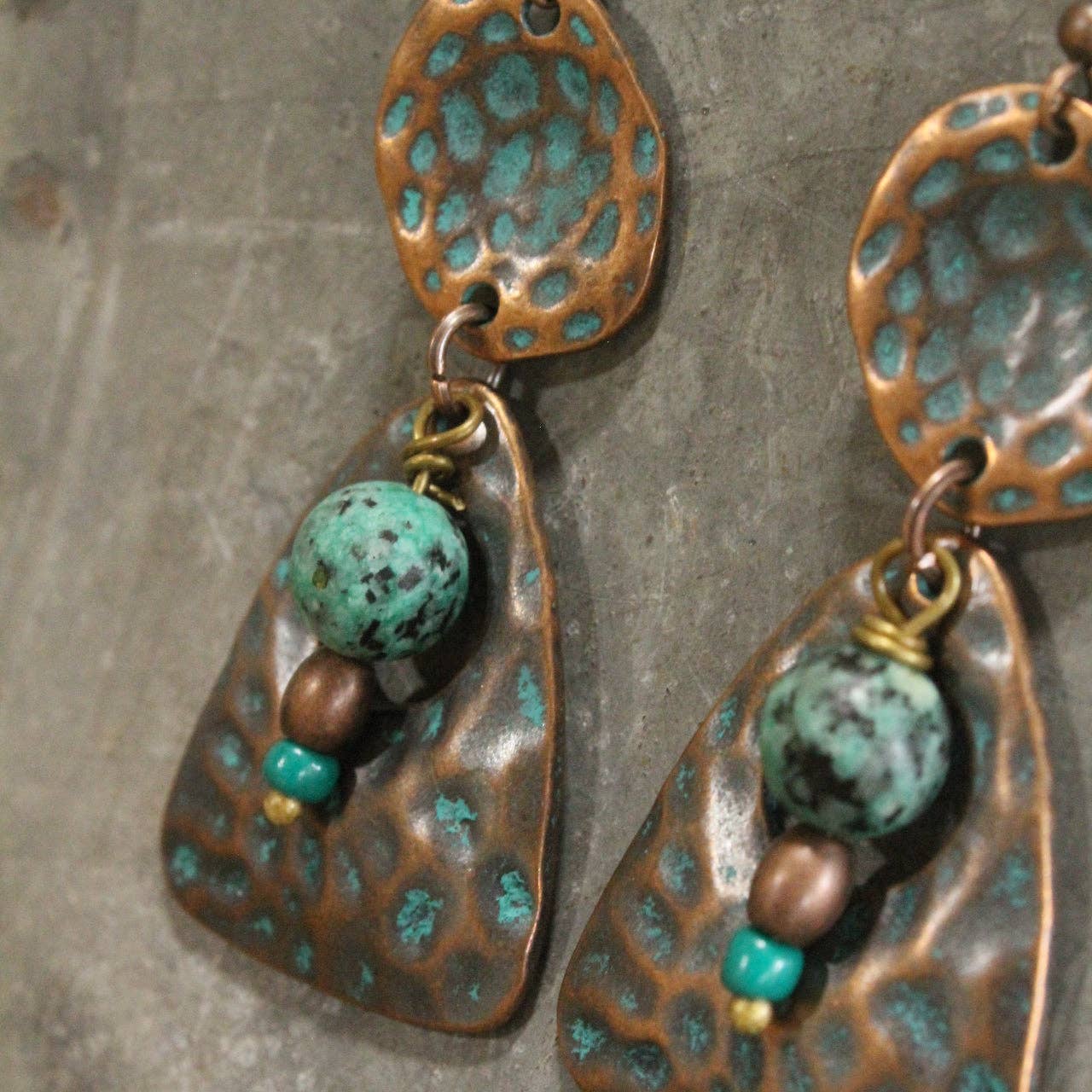 Verdigris Boho Ethnic Dangle Copper Hammered Earrings