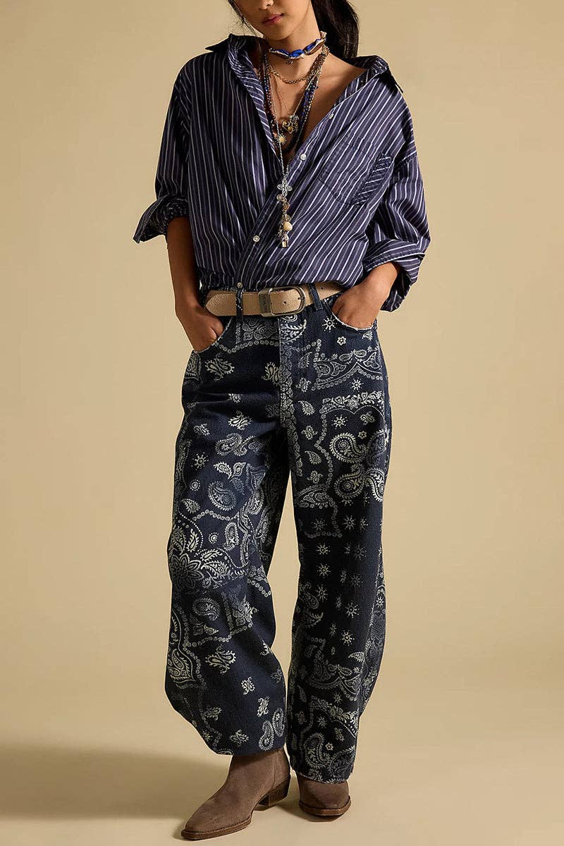 Paisley Print Barrel Jeans