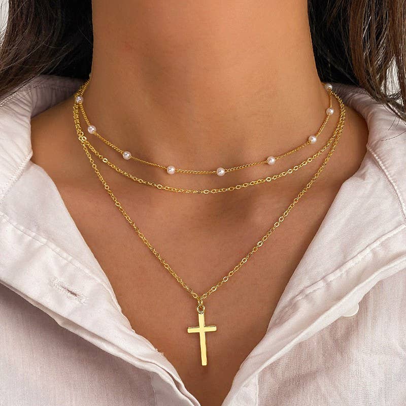 Gold Layered Pearl & Cross Necklace