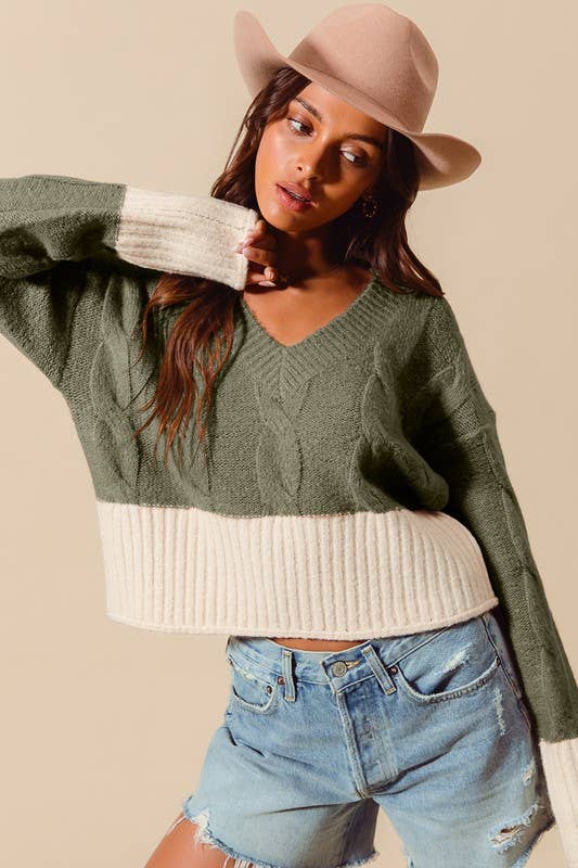 Cable Knit V Neck Crop Sweater