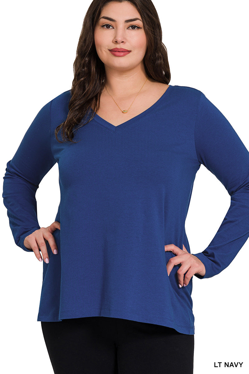 Cotton V-Neck Long Sleeve Tee