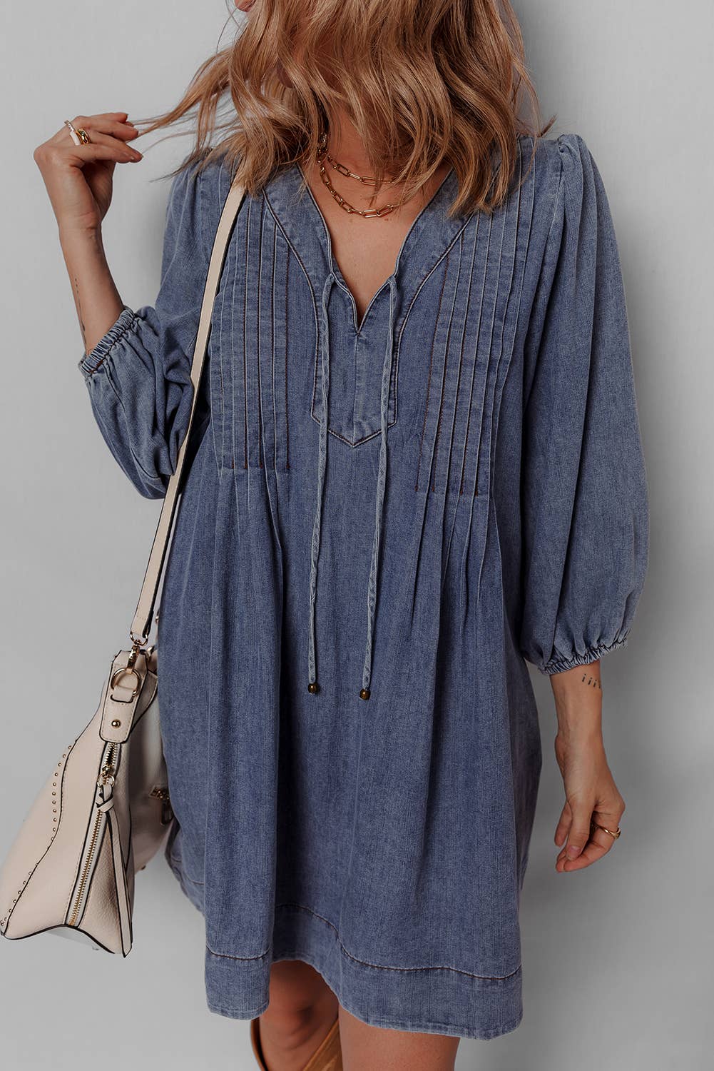 3/4 Sleeve Tied V Neck Pleated Denim Mini Dress