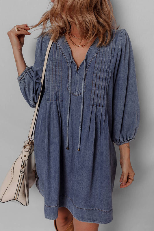 3/4 Sleeve Tied V Neck Pleated Denim Mini Dress