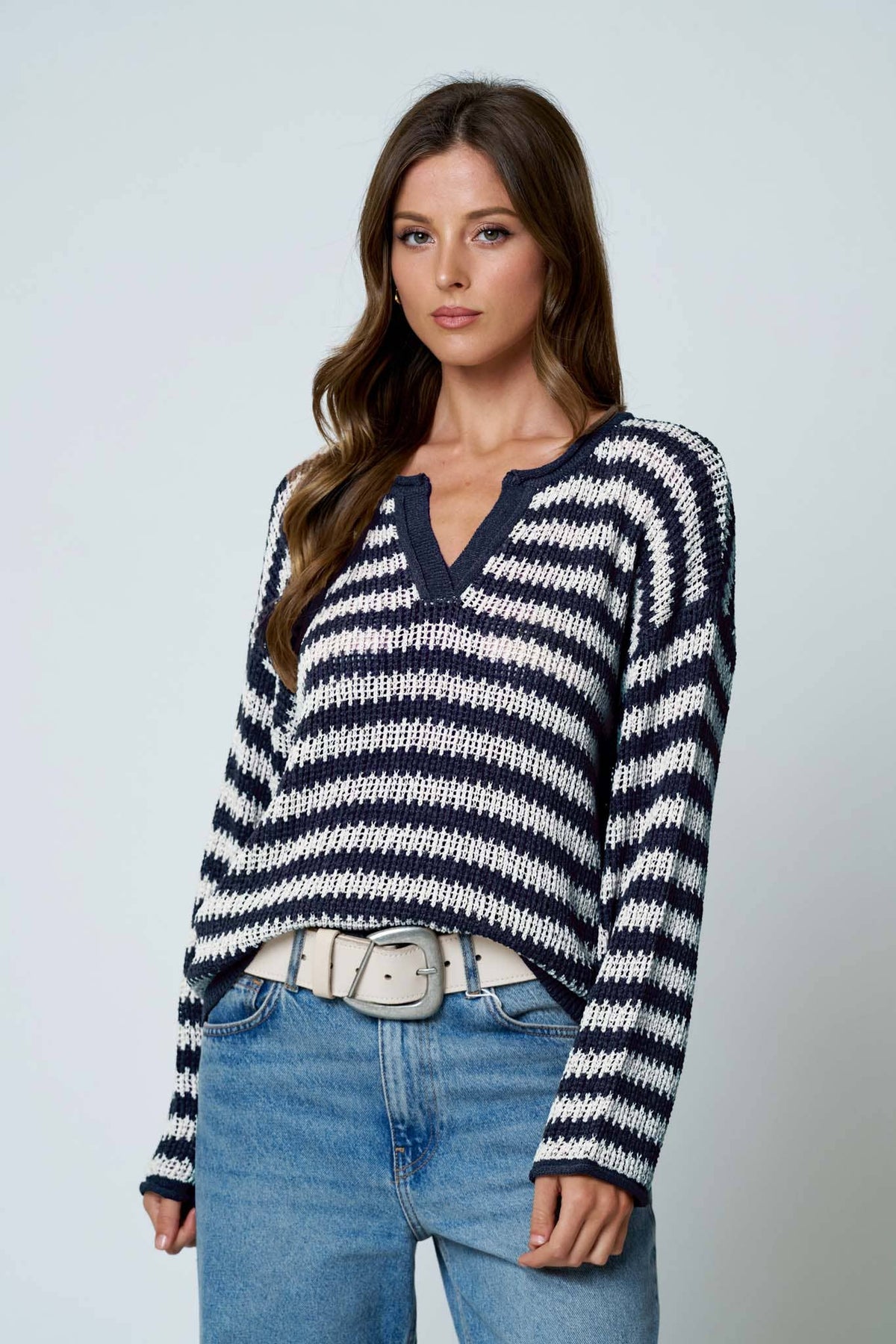 Striped Split Neck Sweater