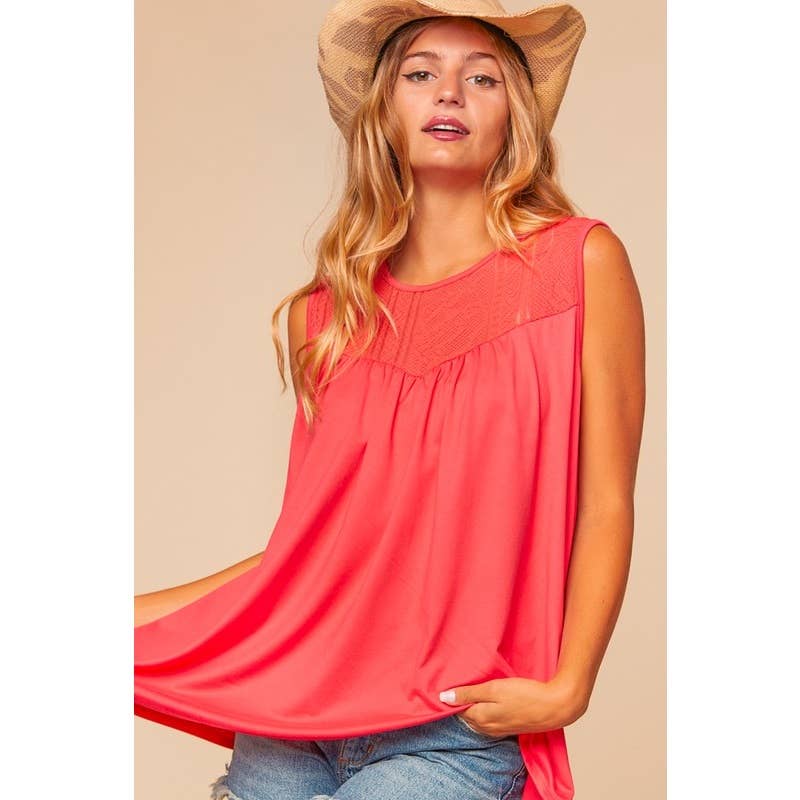 Bohemian Lace Yoke Round Neck Sleeveless Top