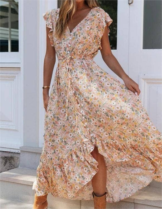 V-Neck Floral Button Up Dress w/ High-Low Hem