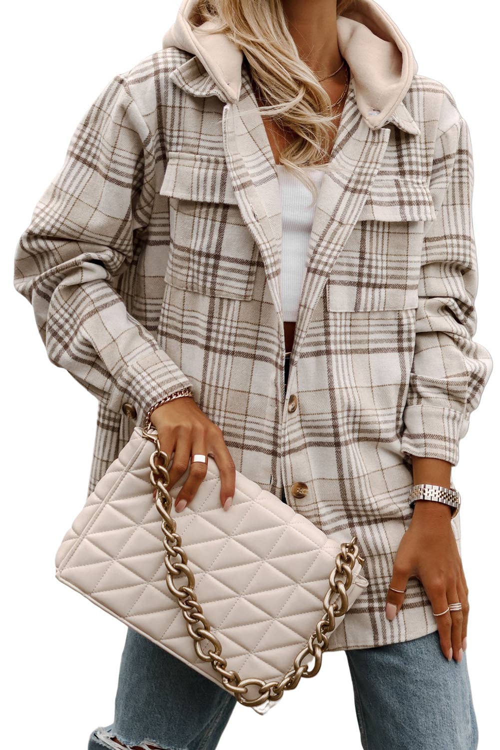 Oversized Plaid Shacket with Removable Hood