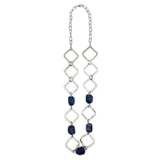 Long Silver Necklace With Lapis Stones