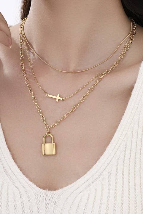 Gold Layered Cross & Lock Necklace