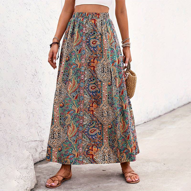 Multi Colored Paisley A-Line Skirt w/ Slit