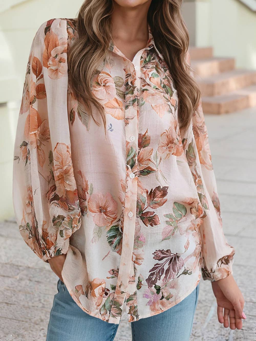 Floral Puff Sleeve Lightweight Blouse