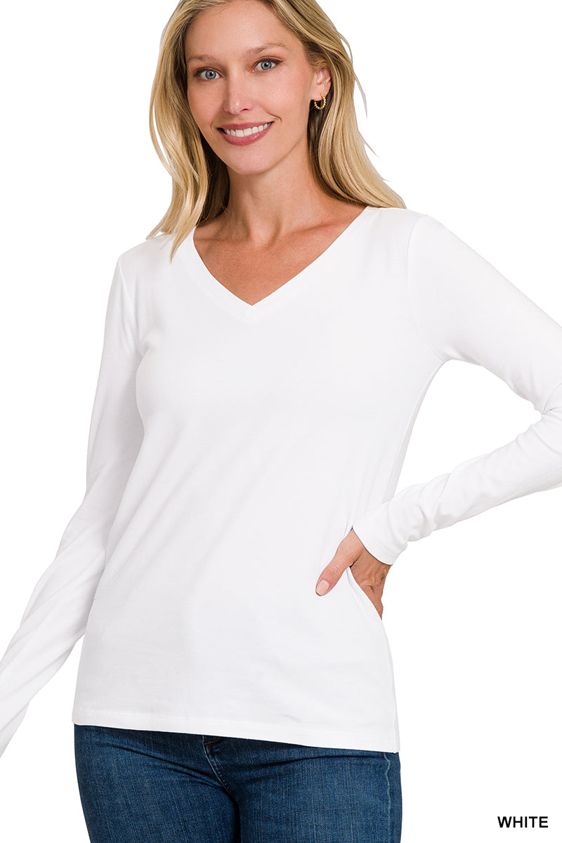 Cotton V-Neck Long Sleeve Tee