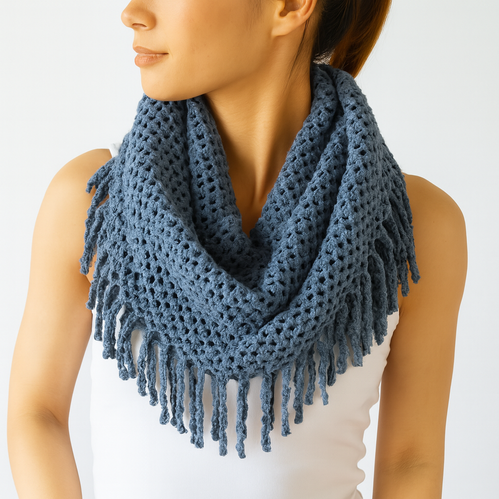 Navy Blue Tube-Style Scarf with Fringe