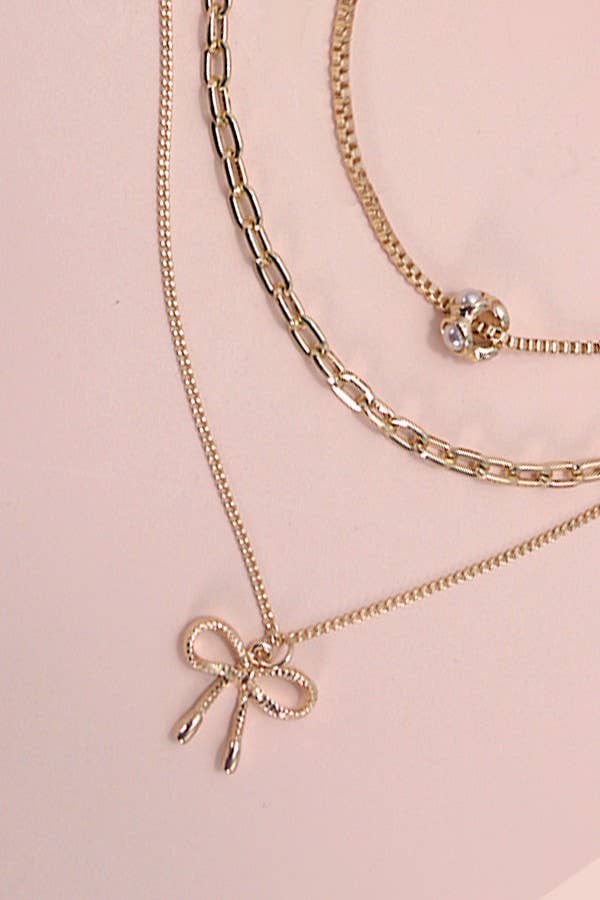 Gold Pearl & Bow Layered Necklace
