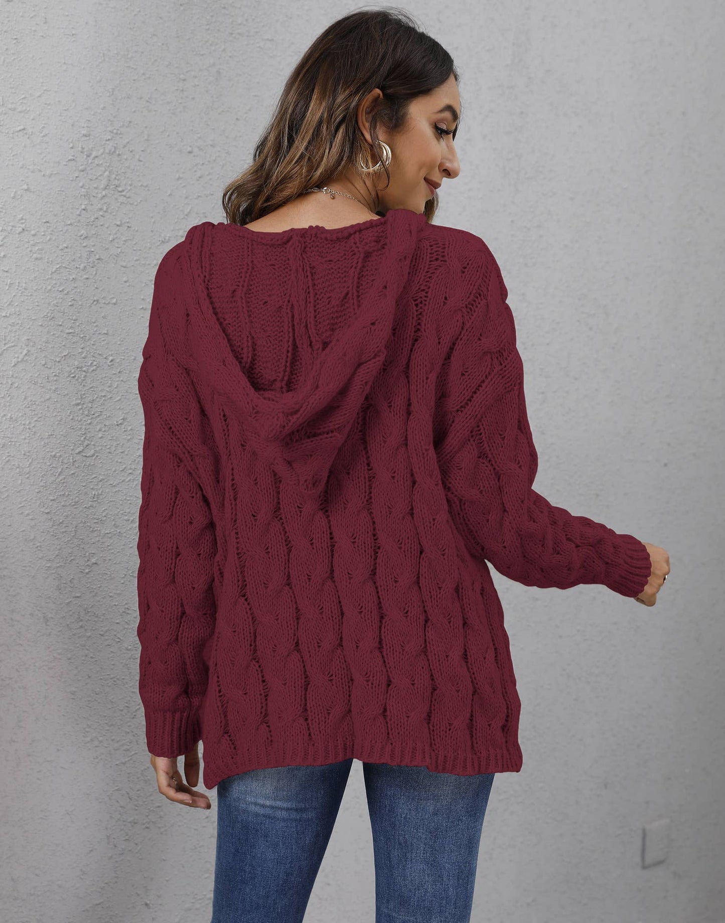 Twist Knit V-neck Hooded Sweater