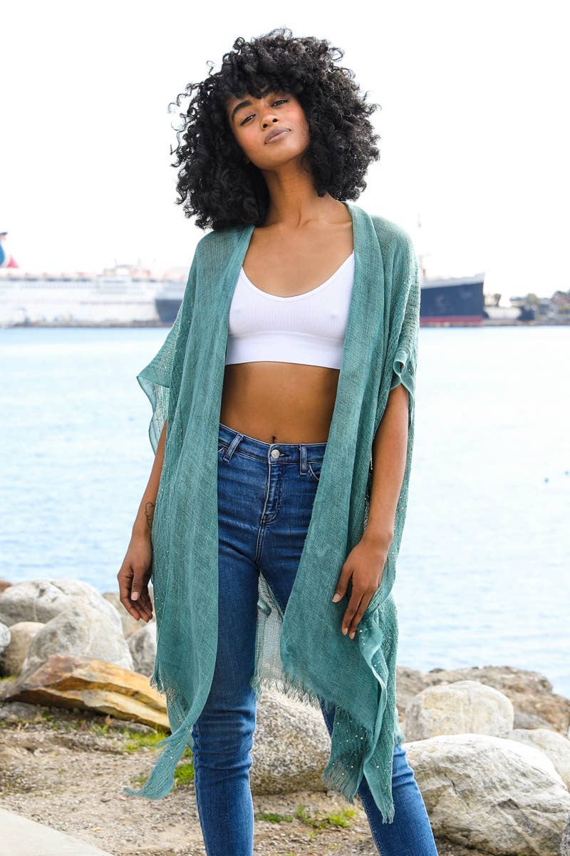 Lightweight Sheer Kimono with Sequin and Frayed Details