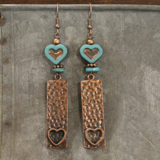 Hammered Copper & Czech Heart Dangle Earrings