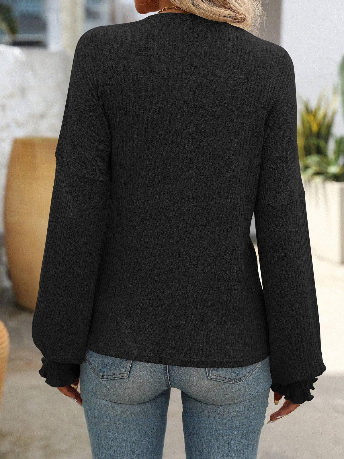 Ribbed Crewneck Top with Smocked Cuffs