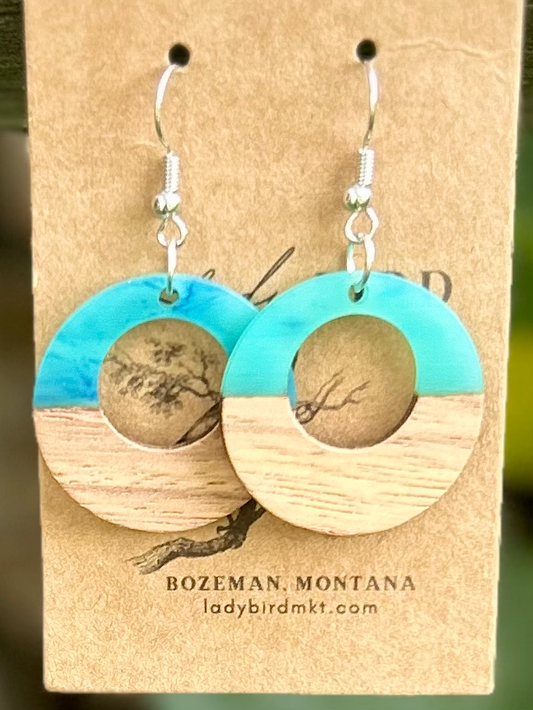 Walnut Wood & Turquoise Resin Circle Earrings