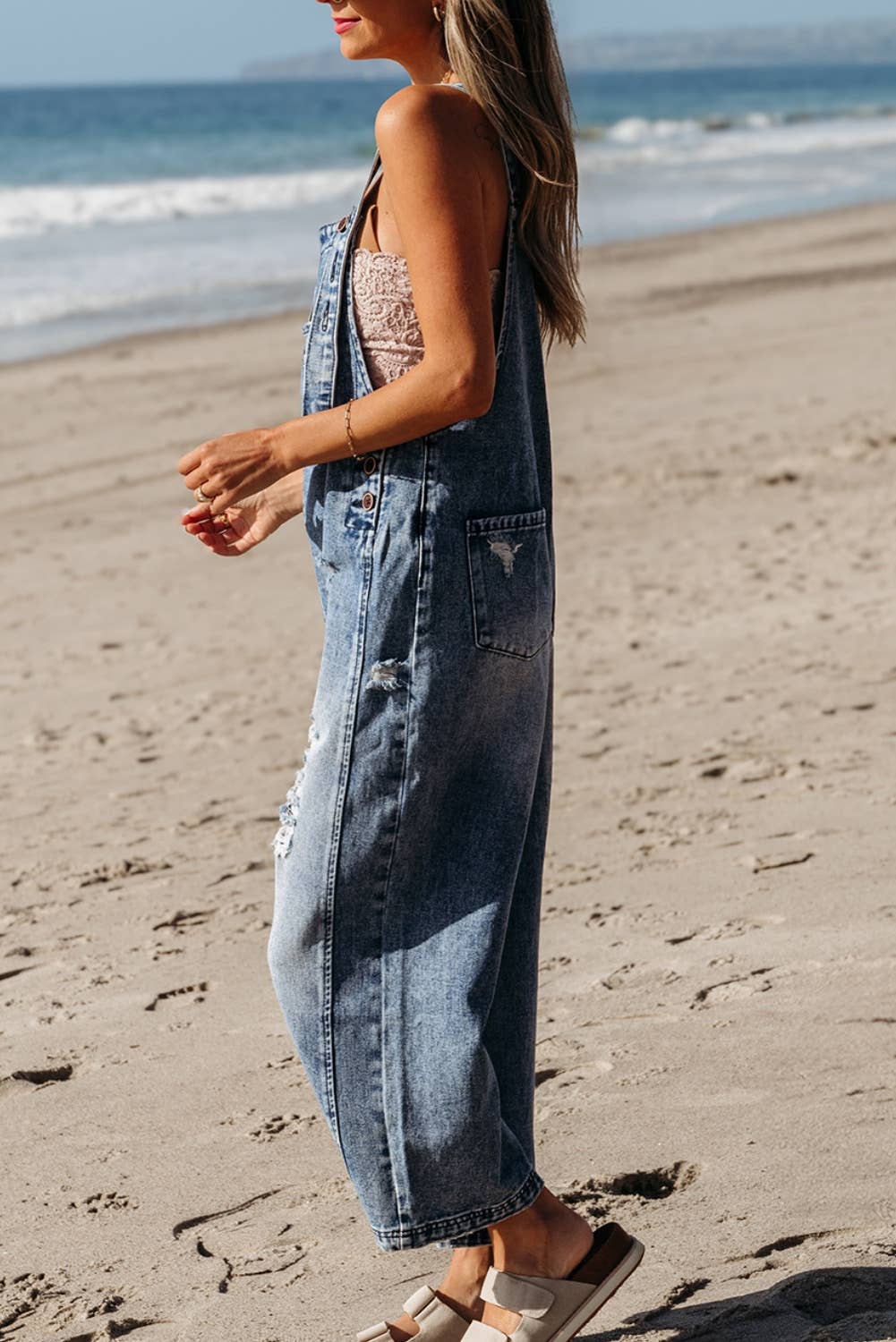 Distressed Pocketed Wide Leg Capri Denim Overall