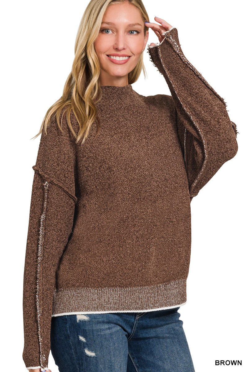 Oversized Mock Neck Chenille Sweater w/ Raw Seam