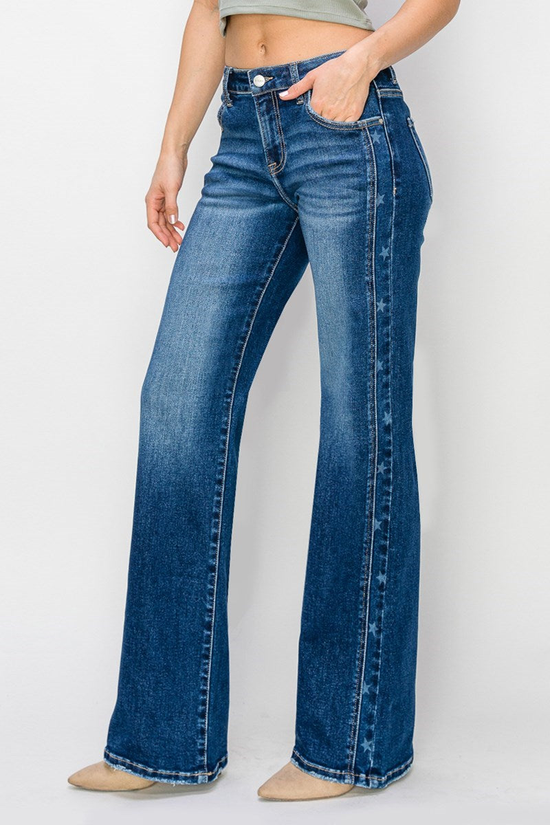 Mid Rise Straight Leg Jeans w/ Side Star Details by Risen