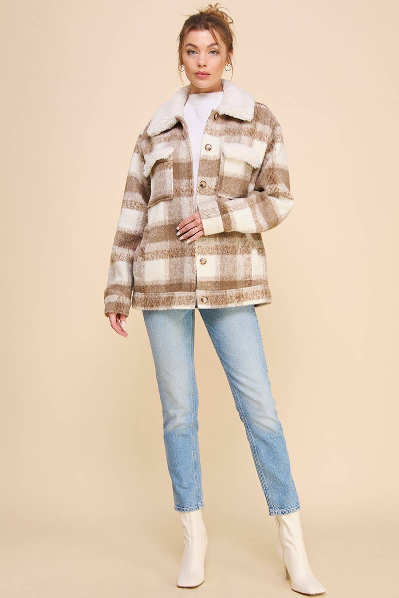 Plaid Shirt Jacket with Teddy Collar
