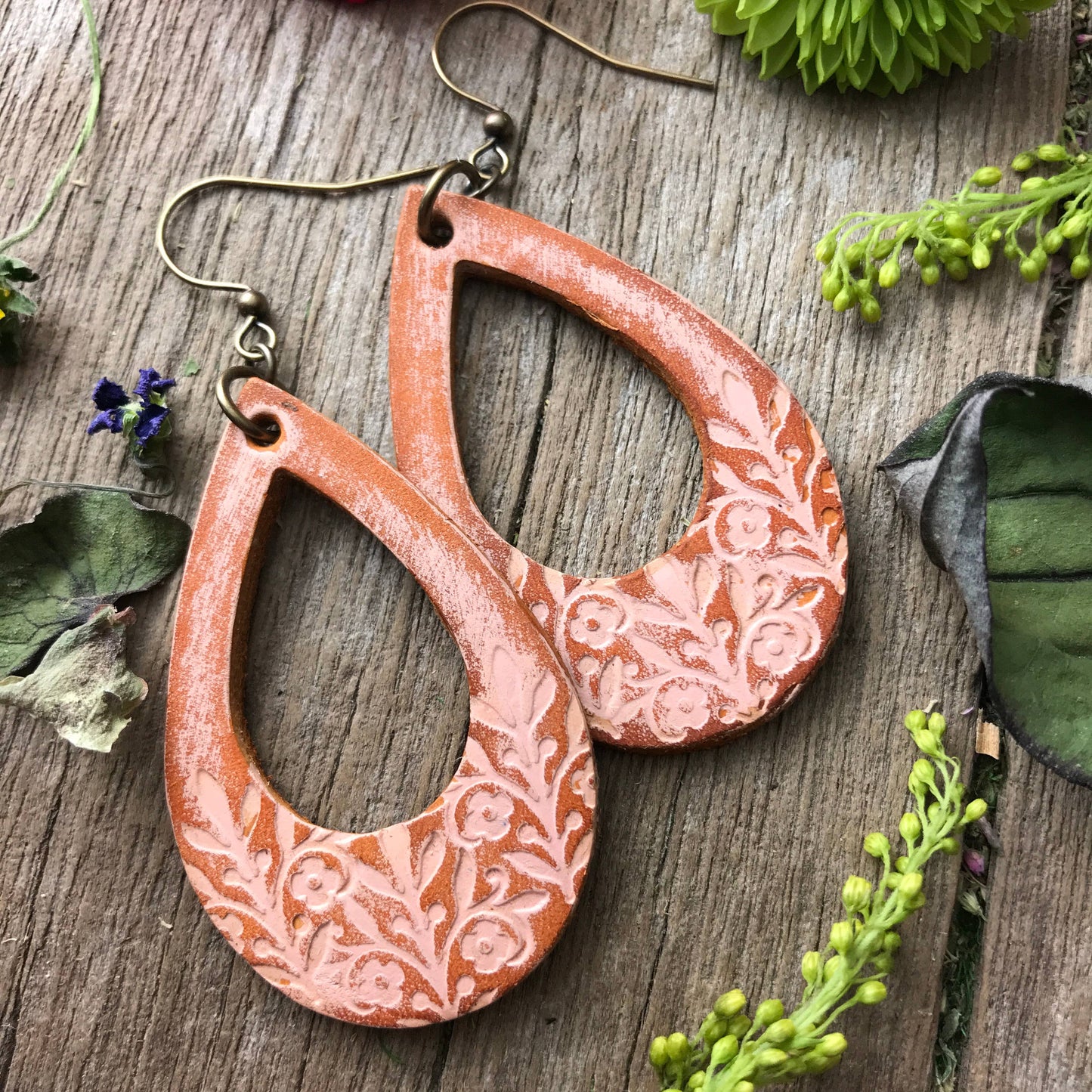 Boho Western Leather Floral Teardrop Earrings