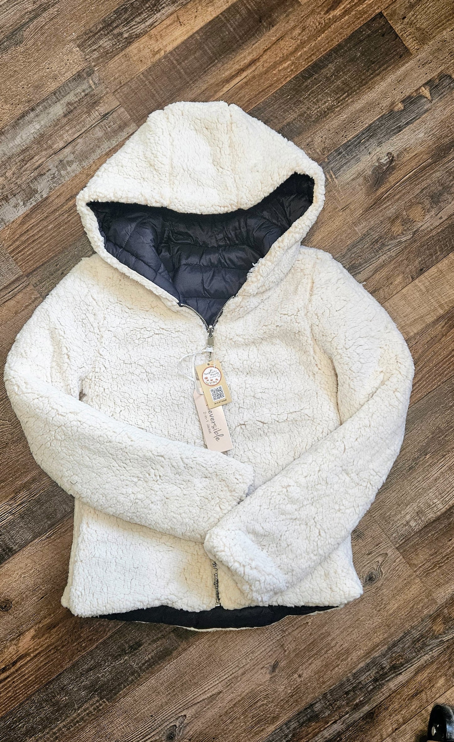 Reversible Hooded Puffer Coat Full Zip Sherpa Lined Pockets