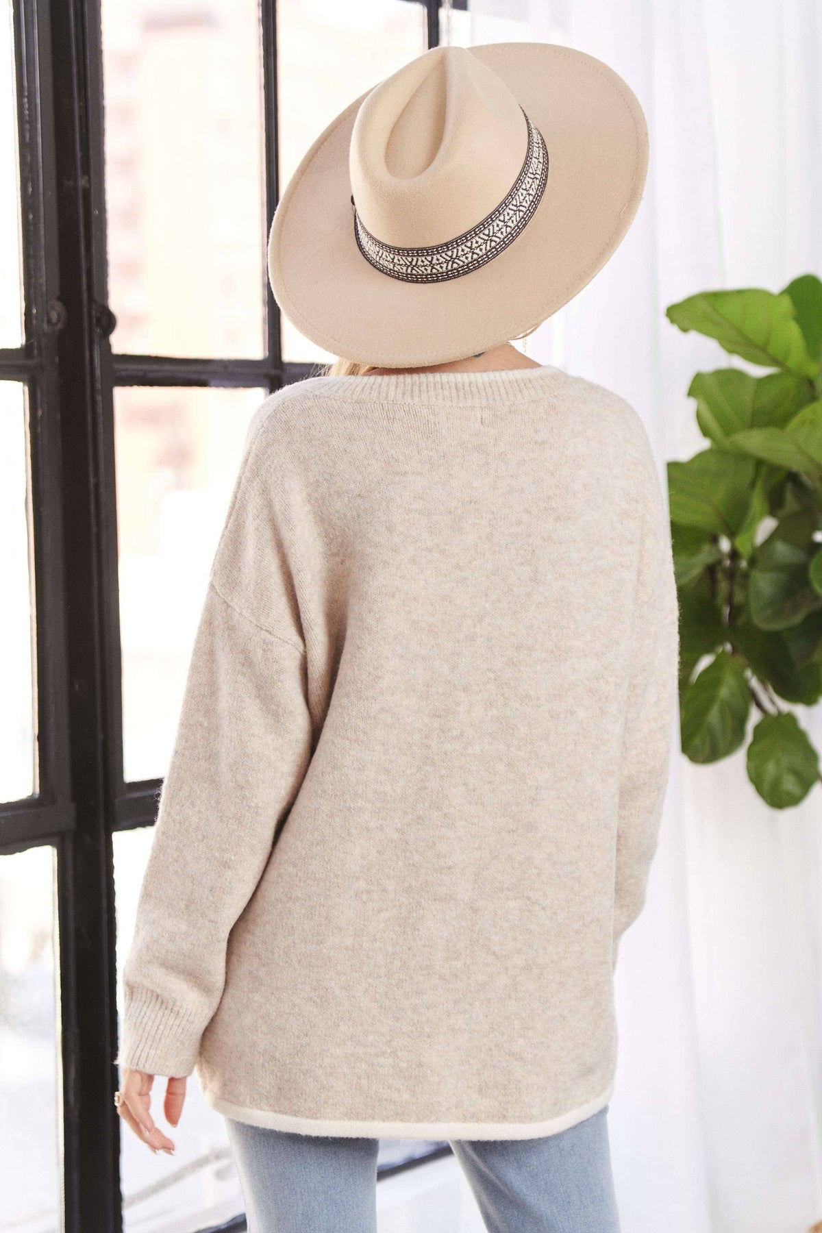 Drop Shoulder Hi-Low V Neck Sweater