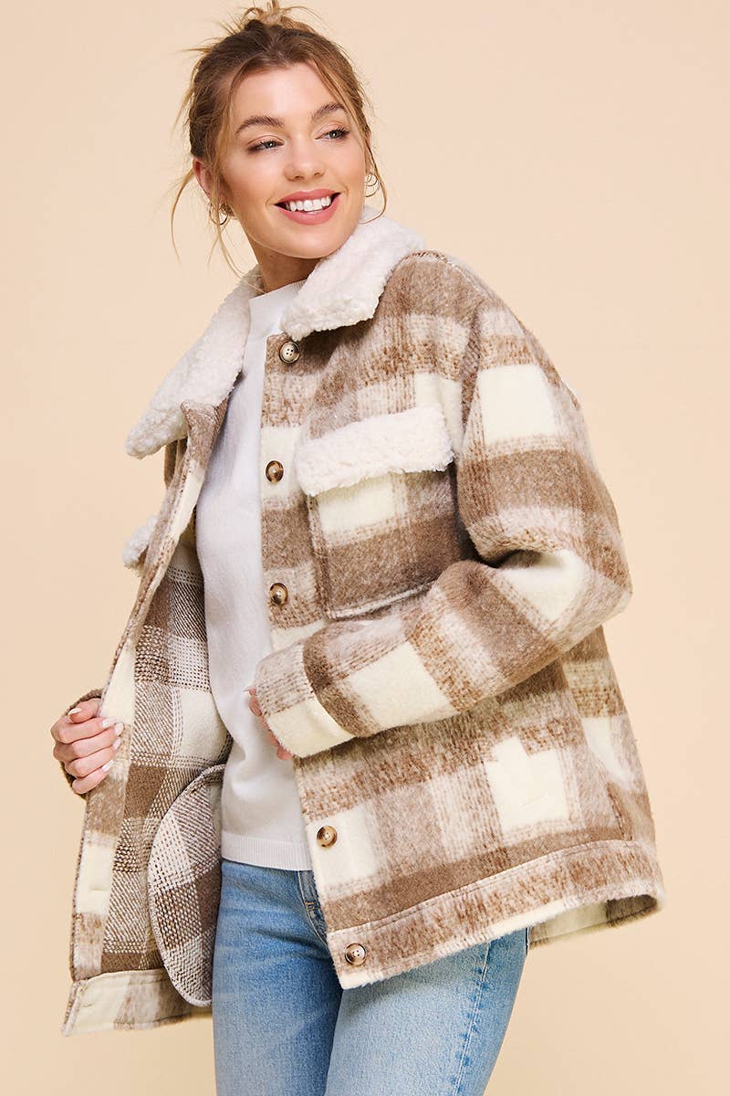 Plaid Shirt Jacket with Teddy Collar