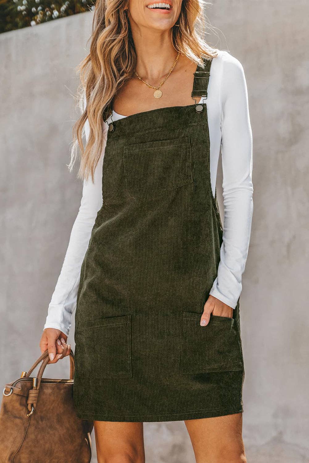 Sleeveless Corduroy Jumper Dress with Utility Pockets