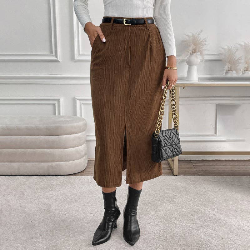 High Waist Corduroy Midi Skirt with Front Slit & Pockets