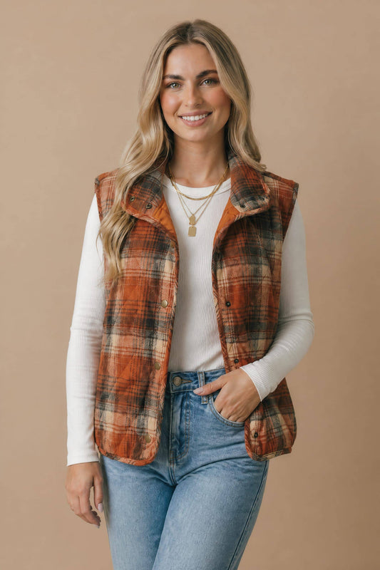Plus Plaid Quilted Snap Button Puffer Vest