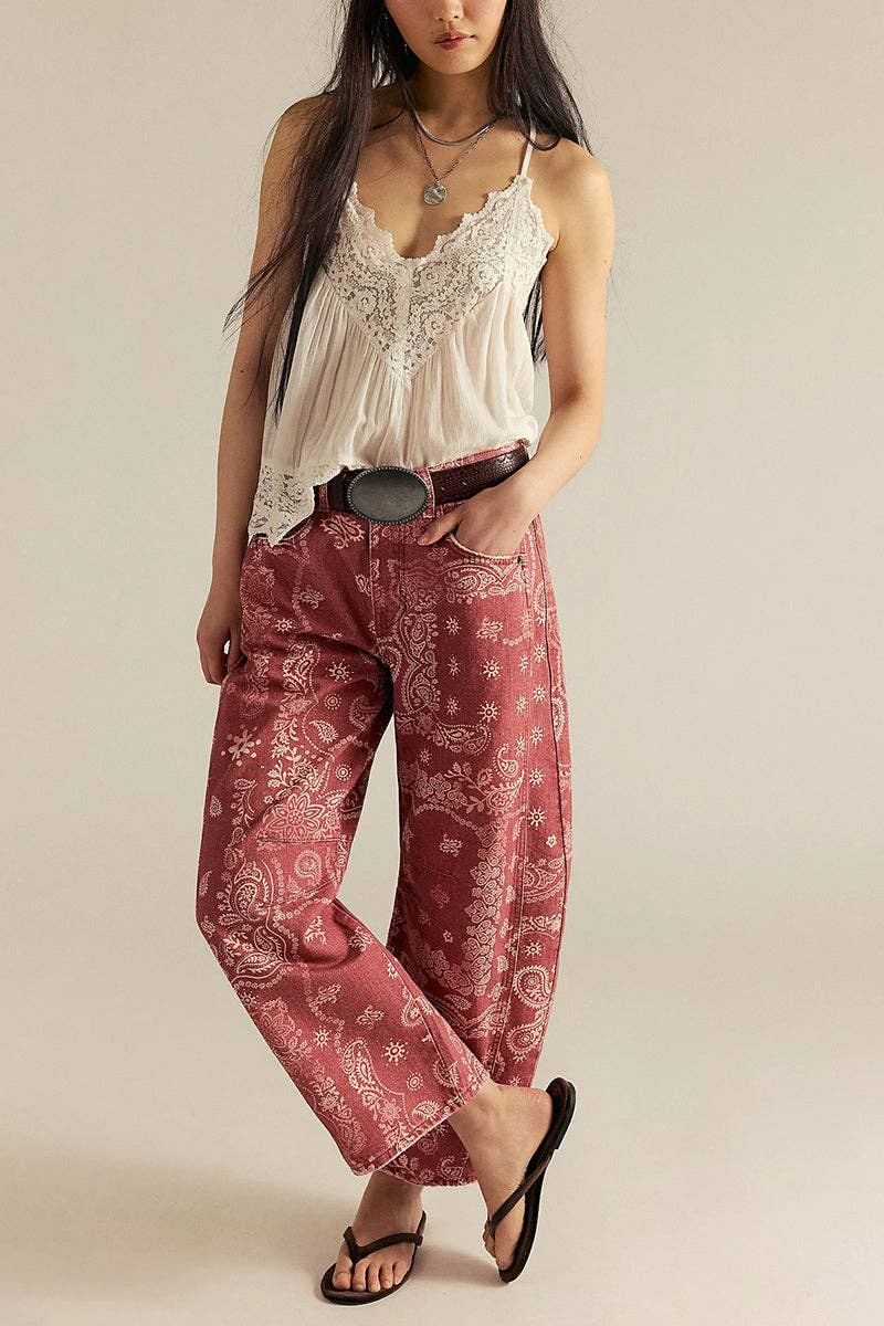 Paisley Print Barrel Jeans