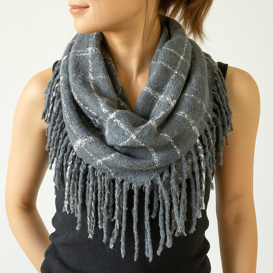 Grey and White Plaid Fringed Infinity Scarf