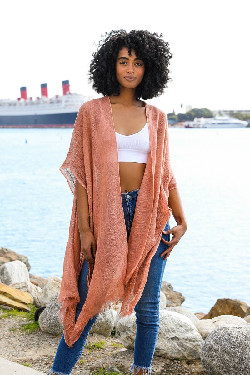 Lightweight Sheer Kimono with Sequin and Frayed Details
